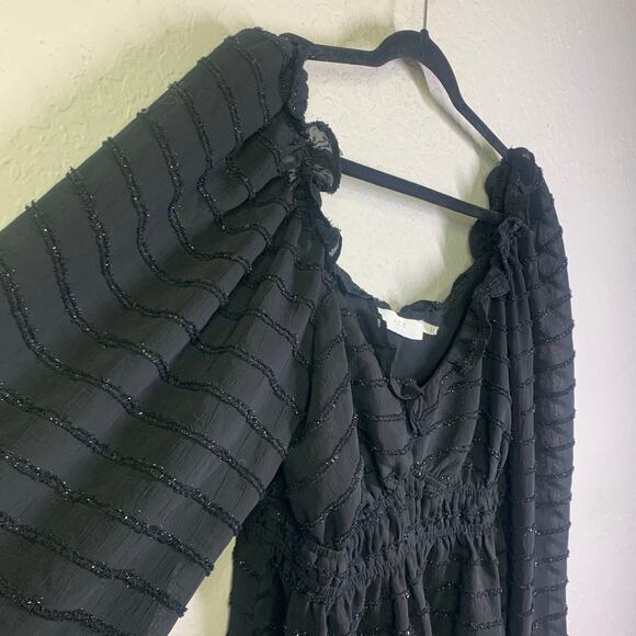 ASTR The Label Blouse L Peasant Style Elastic Waist Peplum Black Shimmer Thread - Picture 6 of 13